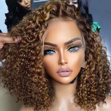 Highlight Brown Curly 13x4 Lace Front Bob Wig Human Hair Wig
