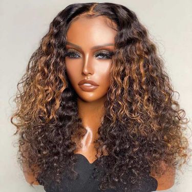 Highlight Curly Human Hair Glueless 13X4 Lace Front Wig 180% Density