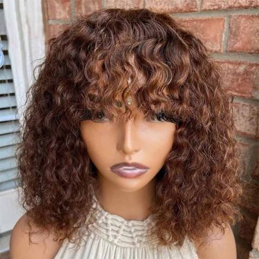 Short Curly Human Hair Wigs with Bangs Highlight Brown Lace Bob Wigs