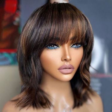 Large Cap Wigs Straight Brown Highlights Lace Bob Wigs With Bangs Glueless Wig