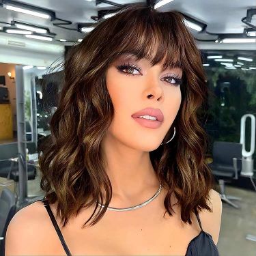 Highlight Bob Wigs with Bangs Short Wavy Lace Front Wig
