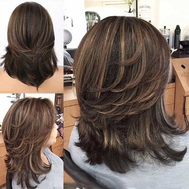 Brown Highlight Layered Wavy Lace Front Wig with Curtain Bangs