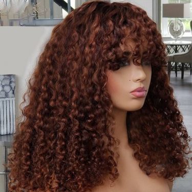 Deep Curly Highlights Brown Ombre Lace Front Wig With Bangs