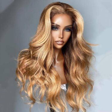 Honey Blonde Layered Wavy Human Hair Lace Front Wigs 