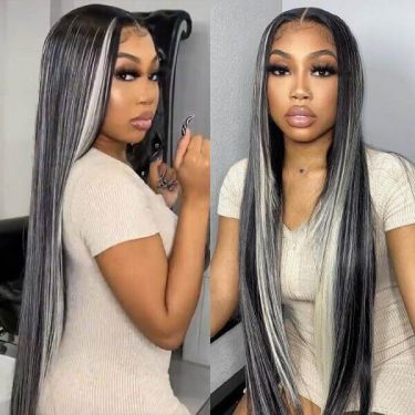 Grey And Black Highlights Straight 13x4 Lace Wigs Mixed Color Human Hair Wigs  