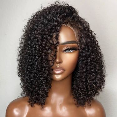 Natural Black Bob Wig Afro Kinky Curly with Natural Edges 13x4 Frontal Lace Wig Human Hair