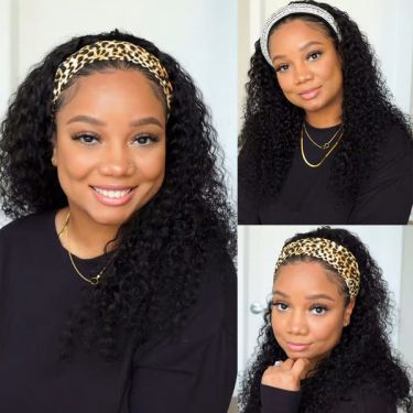 Jet Black Jerry Curly Headband Wig for Women 100% Human Hair