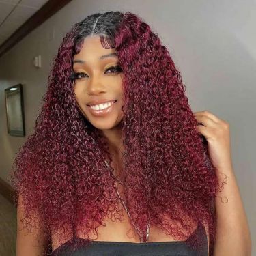 Jerry Curly Burgundy Color 13X4 Lace Front Wig with Dark Roots