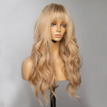 Long Wavy Bangs Golden Blonde Lace Front Wigs 180% Density 