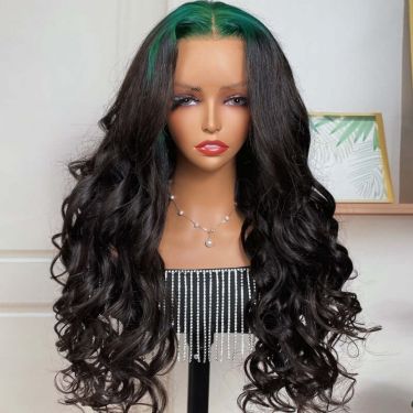 Green Roots Black Hair Loose Wave 13x4 Lace Front Wig 