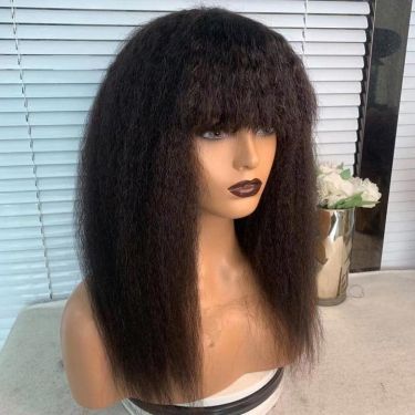 Kinky Straight Human Hair Lace Wig with Bangs 180% Density