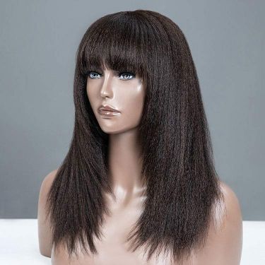 Kinky Straight Layered Cut Human Hair Lace Front Wig with Bangs 180% Density
