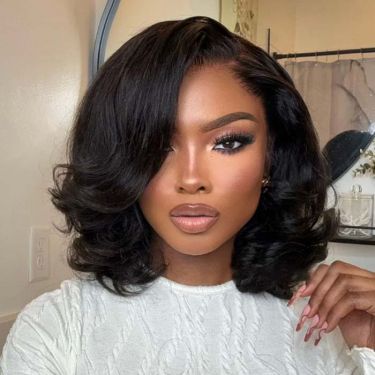 Short Wavy Layered Bob Wigs Human Hair 13x4 Lace Front Wig with Side Bangs