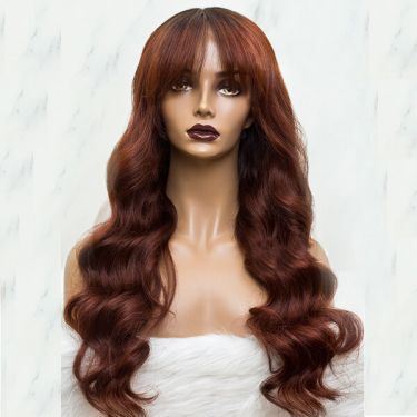 Long Wavy Curtain Bangs Auburn Brown Ombre Lace Front Wigs