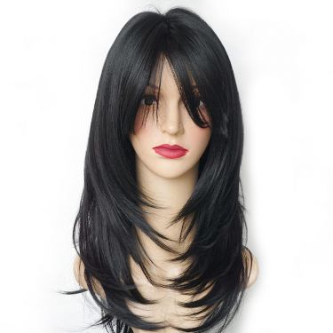 Natural Black Layered Human Hair 13X4 Lace Front Wigs with Bangs