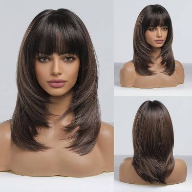 Ombre Brown Layered Cut Bob Wig with Bangs Straight Human Hair Lace Front Wig