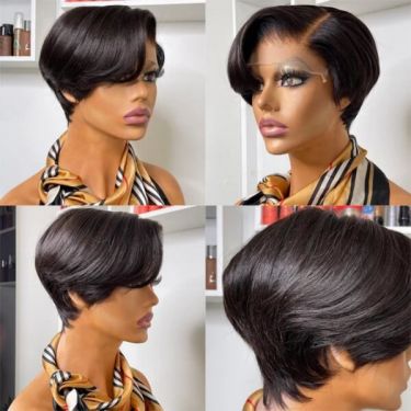 Short Pixie Cut Kinky Edge Side Part Layered Cut Human Hair Lace Front Wig