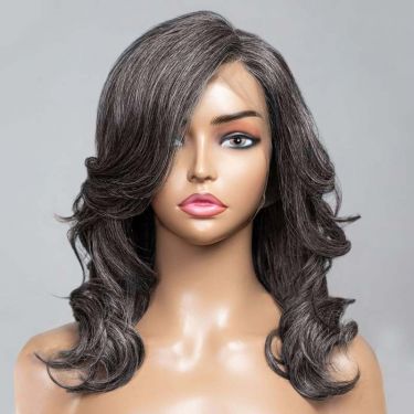 Glueless Layered Salt and Pepper Grey Lace Front Wig with Bangs 100% Human Hair