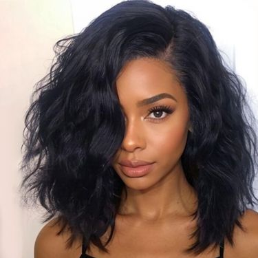 Layered Cut Messy Wavy Side Part Bob Wigs Lace Front Wig 100% Human Hair
