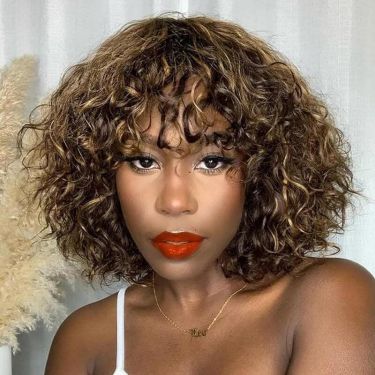 180% Density Messy Highlight Curly Wig With Bang 