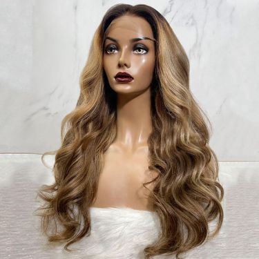 Middle Part Wavy Dirty Blonde with Highlights Lace Front Wigs