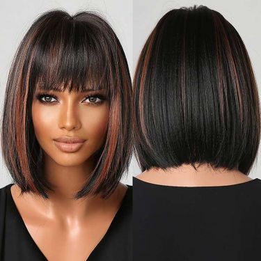 Black Mixed Red Highlight Color Lace Front Bob Wig With Bangs