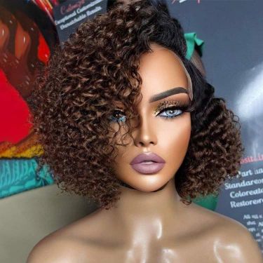 Glueless Ombre Brown Curly Bob Wigs Human Hair 5X5 Closure Lace Wig