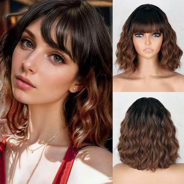 Short Ombre Lace Front Wig with Bangs Shoulder Length Curly Bob Wigs
