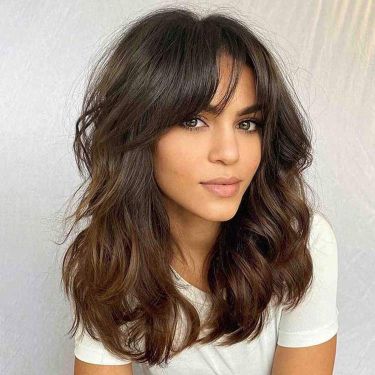 Glueless Shoulder Length Wavy Brown Ombre Layered with Curtain Bangs Lace Front Wig Human Hair