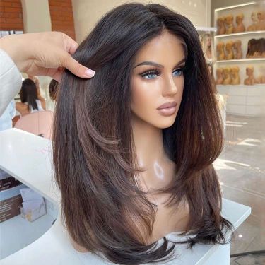 Glueless Ombre Brown Layered Cut Straight Human Hair 5x5 Closure Lace Wigs