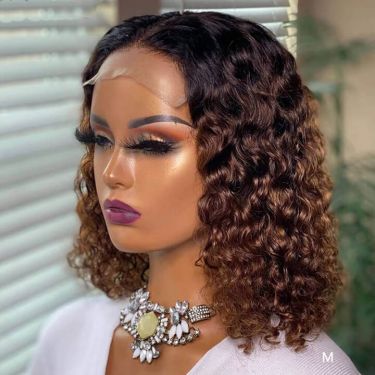 Ombre Brown Color Deep Curly Lace Closure Human Hair Bob Wigs