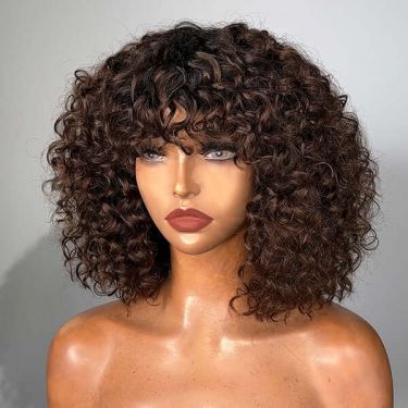 Throw On & Go Glueless Ombre Brown Short Curly Wig With Bangs
