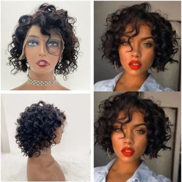 Short Pixie Cut Bob Bouncy Curls with Bangs Lace Front Wigs