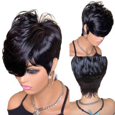 Short Bob Human Hair Pixie Cut Lace Front Wig with Bangs #1B
