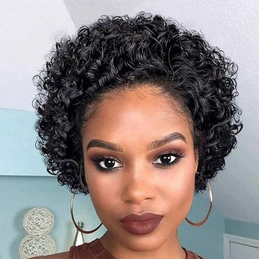 Short Curly Pixie Cut Wig Jet Black Human Hair Lace Front Wig