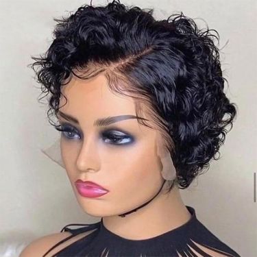 Jet Black Short Curly Pixie Cut Wig Human Hair Lace Front Wig