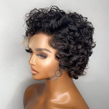 Glueless Short Pixie Cut Bob Wigs Loose Curly Lace Front Wig Human Hair