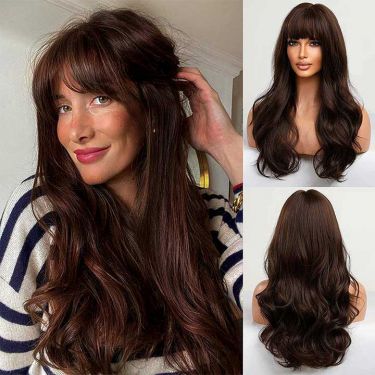 Body Wave Brunette Wigs with Bangs 100% Human Hair