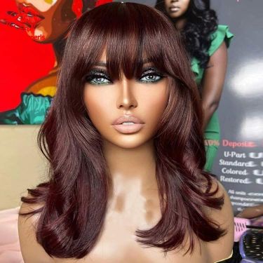 Reddish Brown Wavy Human Hair With Bangs 13X4 Lace Front Wig