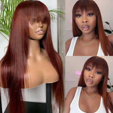 Red Brown Straight Hair With Bangs Lace Front Human Hair Wigs