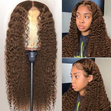 Curly Chocolate Brown Colored Middle Part Human Hair Wigs For Women