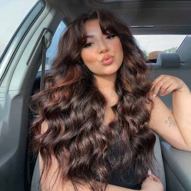 Reddish Brown Highlight Body Wave Human Hair Lace Front Wig With Curtain Bangs
