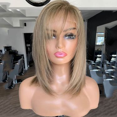 Short Layered Air Bangs BoB Champagne Blonde Lace Front Wigs