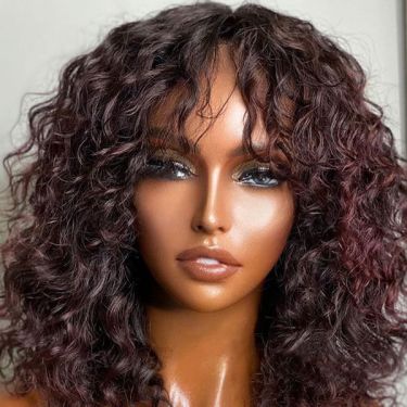 Shoulder Length Mahogany Curly Curtain Bangs Lace Front Wig 