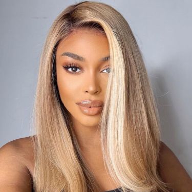 Shoulder Length Side Part Sandy Blonde With Highlights Human Hair Lace Front Wigs