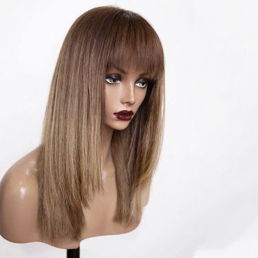 Shoulder Length Straight Layered with Bangs Warm Blonde Highlights Lace Front Wigs