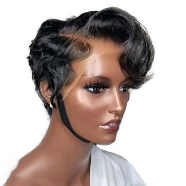 13x4 Side Part Short Bob Pixie Cut Lace Wig with Wavy Bangs
