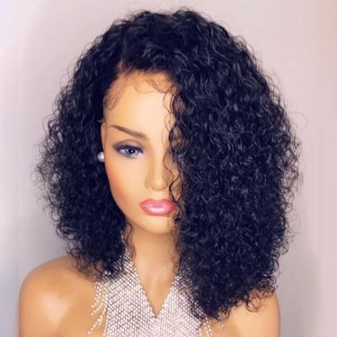 Deep Side Part Curly Bob Natural Color Human Hair Lace Wigs