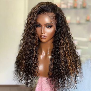 Side Part Curly Caramel Brown Highlights Lace Front Wigs