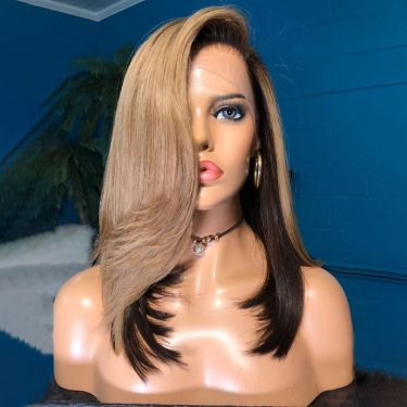 Side Part Layered Cut Wavy Blonde And Brown Two Tone Lace Front Wig Human Hair